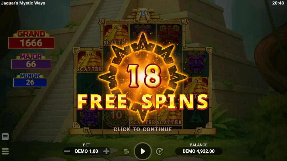 Pemandangan hutan kuno dan kuil emas dalam slot Jaguar’s Mystic Ways di layar ponsel