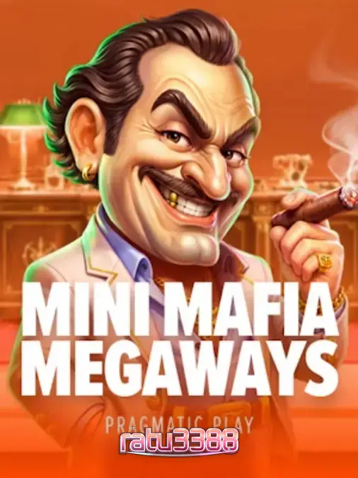 Tampilan antarmuka permainan slot Mini Mafia Megaways dengan tema mafia dan mansion mewah.
